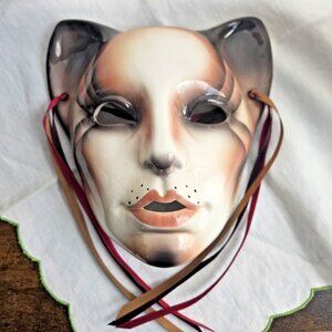 Vintage Clay Art Ceramic Cat Mask Wall Decor 80s San Francisco 7.5"